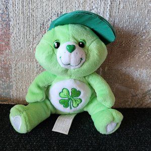 CARE BEARS Good Luck Bear + Baseball Cap 8” Plush Shamrock Four Leaf Clover 2004